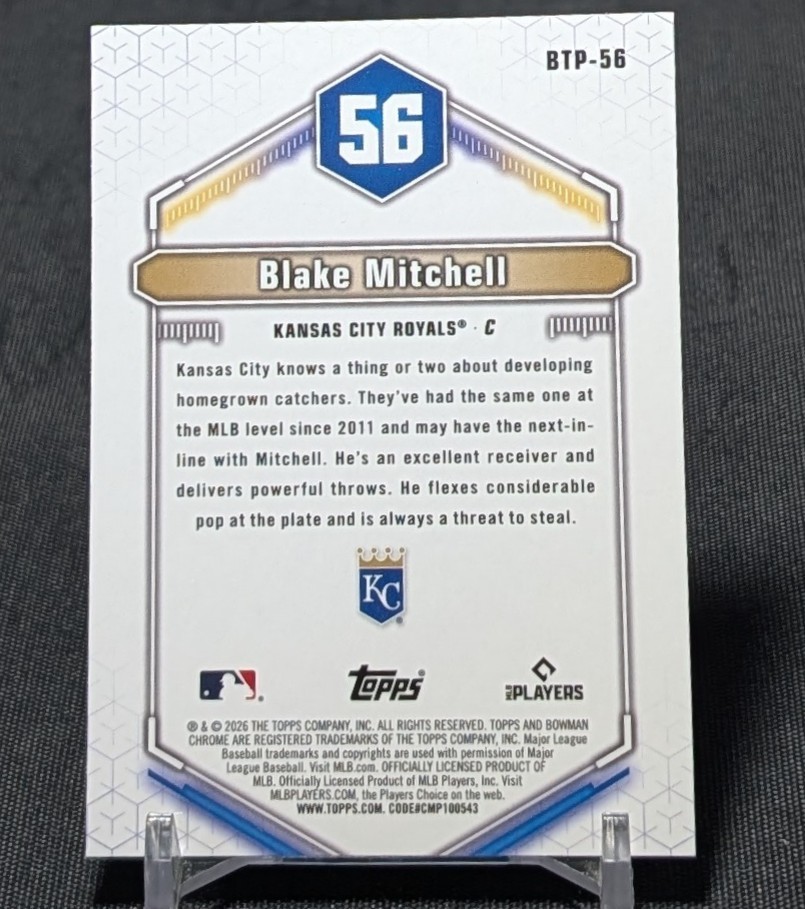 Blake Mitchell Top 100 Chrome Refractor Rookie 2026 Bowman Card #BTP-56 Royals