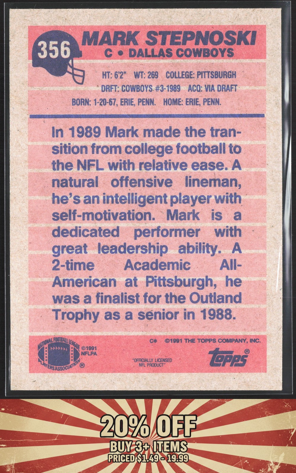 1991 Topps #356 RC Mark Stepnoski Dallas Cowboys