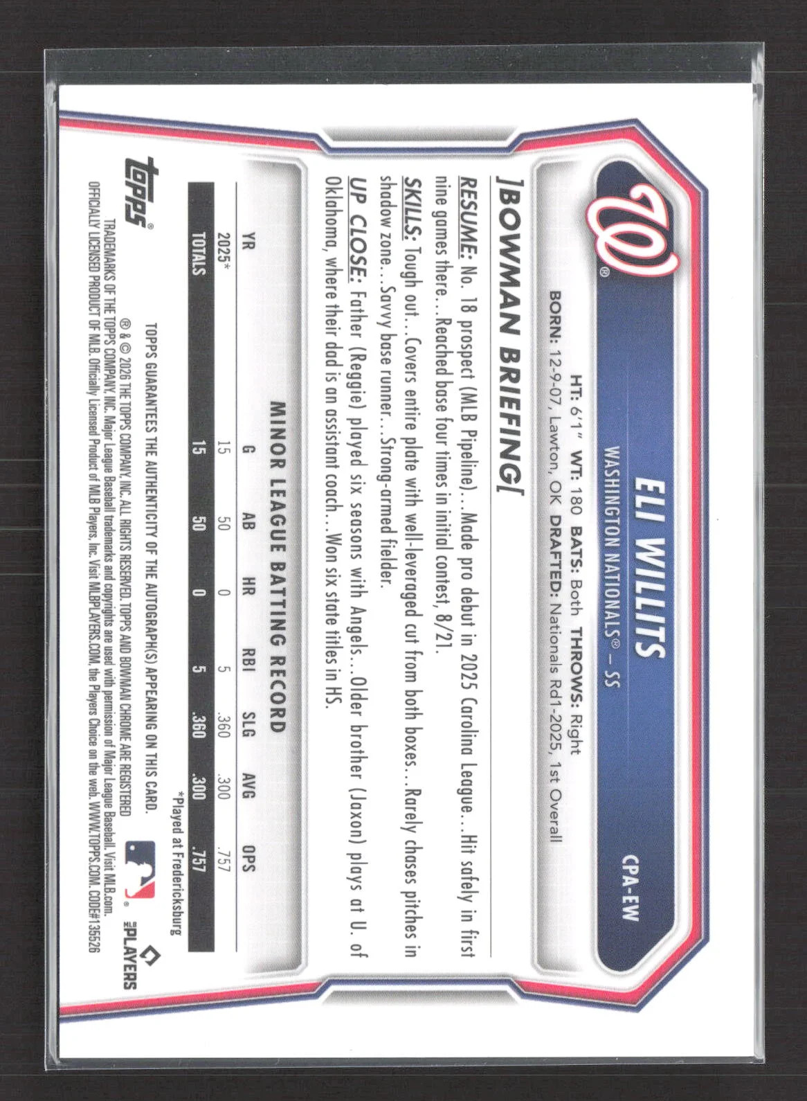2025 Topps Bowman Chrome Eli Willits #CPA-EW Auto
