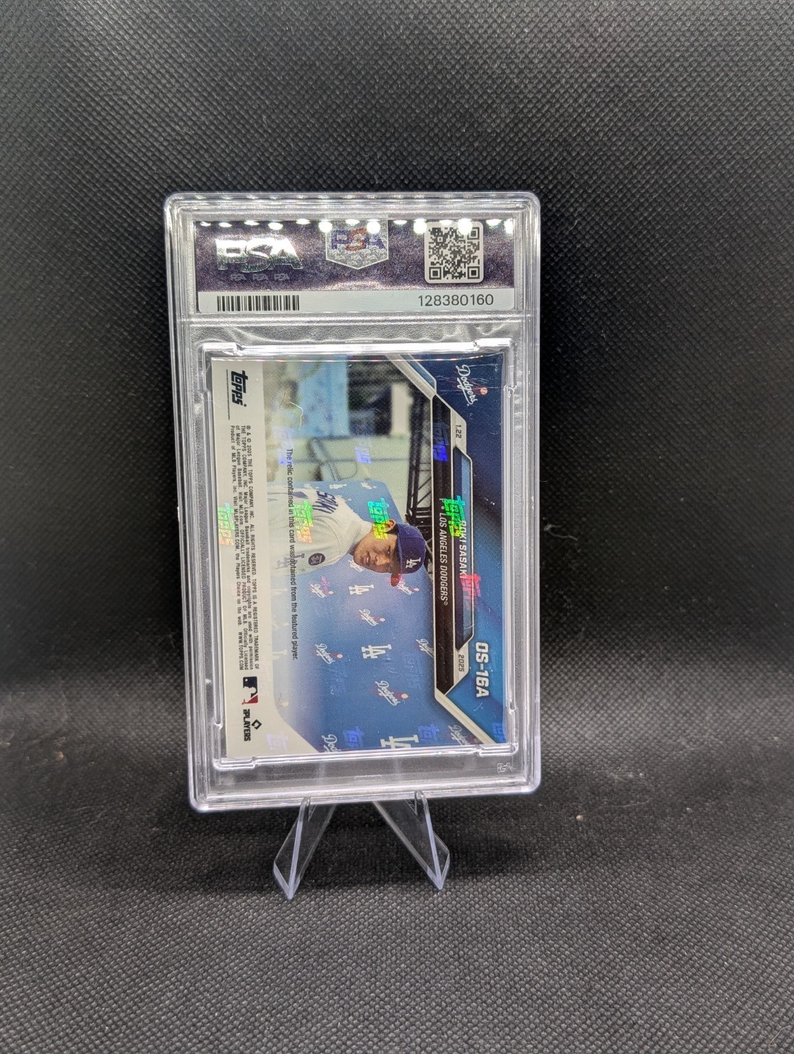2024 Topps Now Roki Sasaki OS16A Purple Relic /25 PSA 8 Dodgers Event-Worn Hat