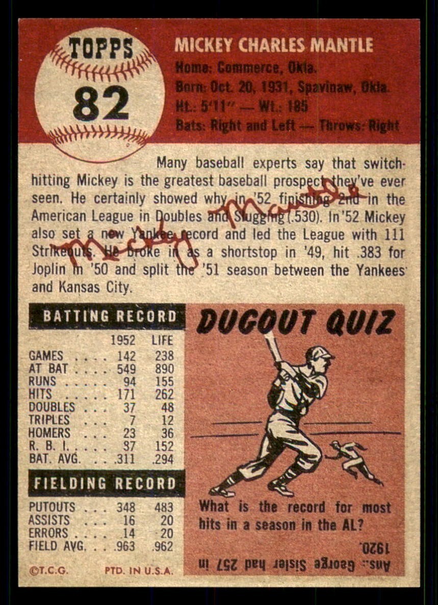 Mickey Mantle Novelty Card 1953 Reprint Fascimile Signature New York Yankees