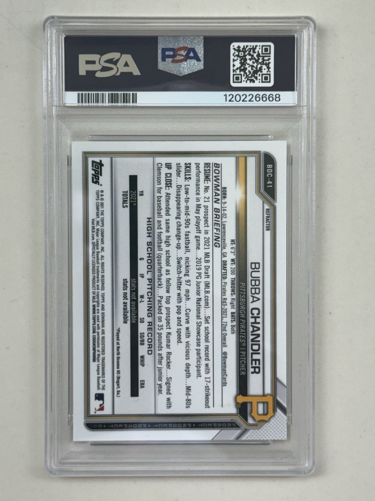 2021 Bowman Draft Chrome Refractor Bubba Chandler #BDC-41 PSA 9 MINT