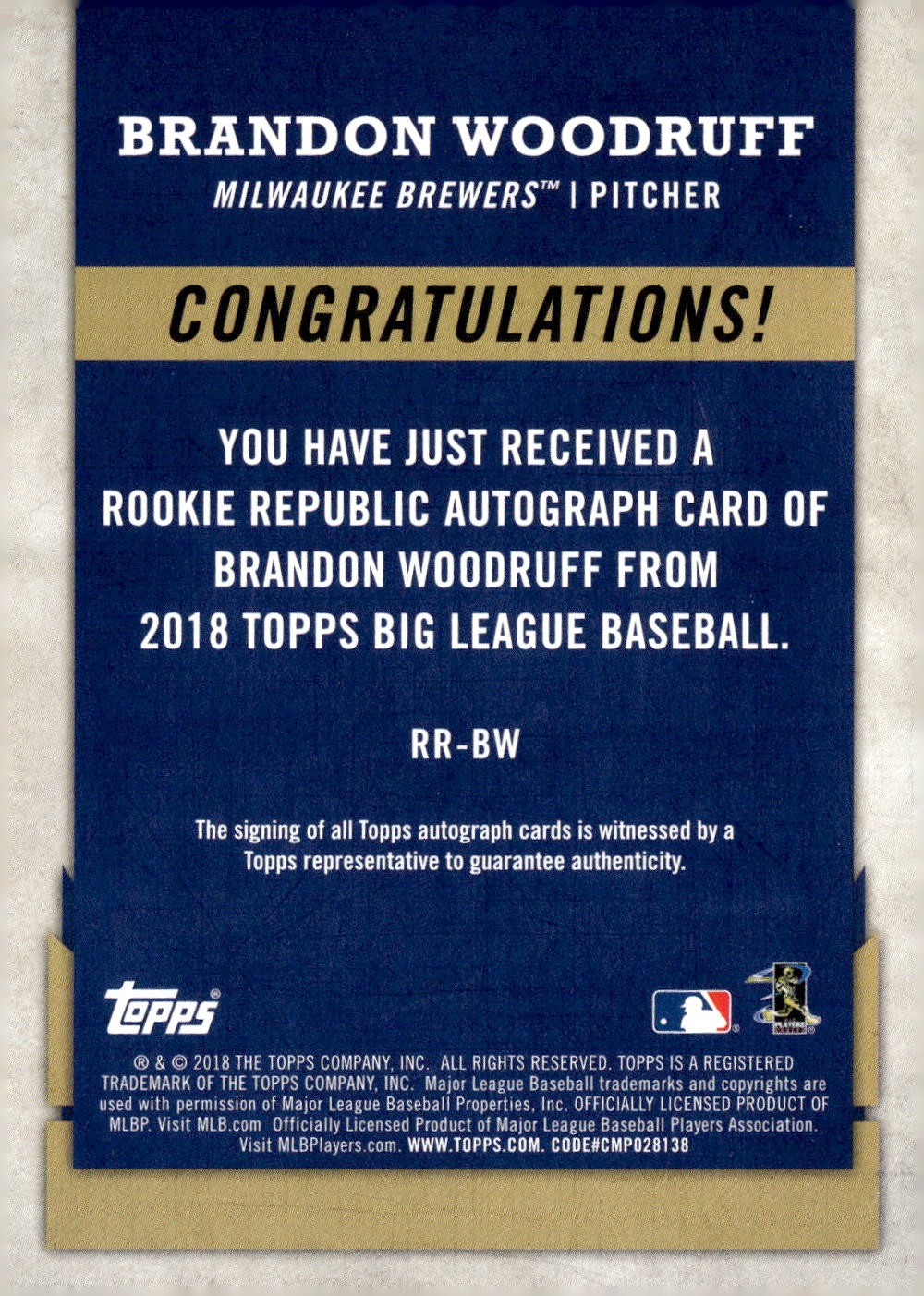 2018 Topps Big League #RR-BW Brandon Woodruff Rookie Republic Auto Gold #/99