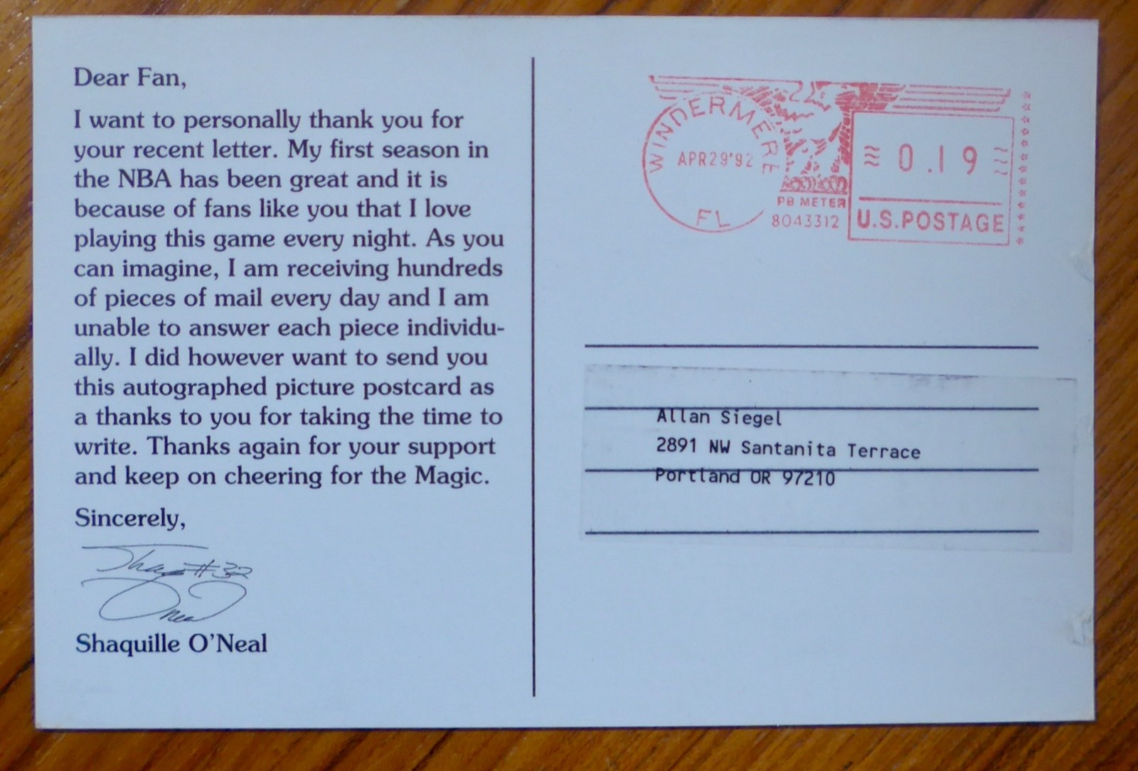 SHAQUILLE O’NEAL signed auto Copied rookie 1992 postcard 4×5 – see below