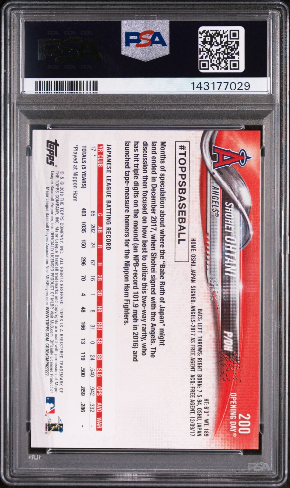 2018 TOPPS OPENING DAY #200 SHOHEI OHTANI ROOKIE RC PSA 8