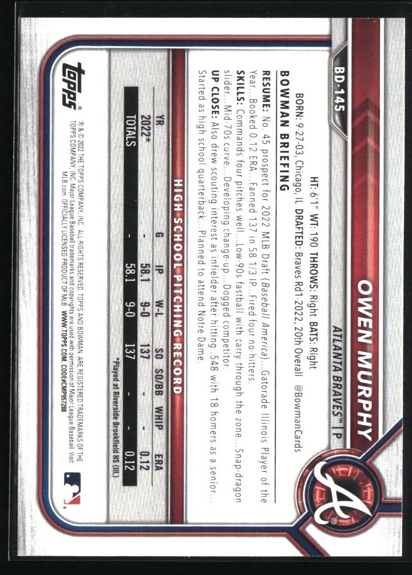 2022 Bowman Draft Owen Murphy #BD-145 Atlanta Braves