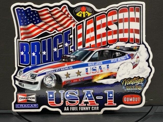 VRHTF NHRA BRUCE LARSON USA-1 MONZA FUNNY CAR 4.5″ X 3.75″ DIE CUT STICKER