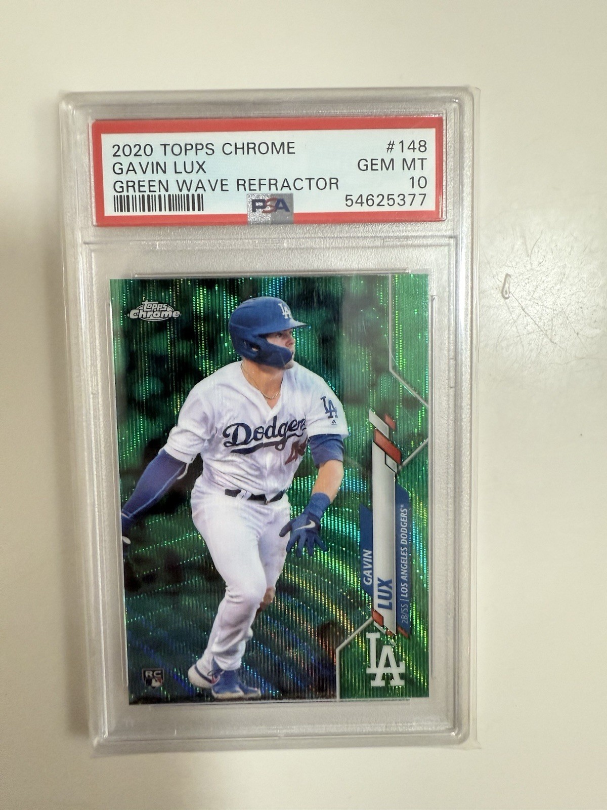 2020 Topps Chrome Gavin Lux Green Wave Refractor /99 #148 RC PSA 10 Reds
