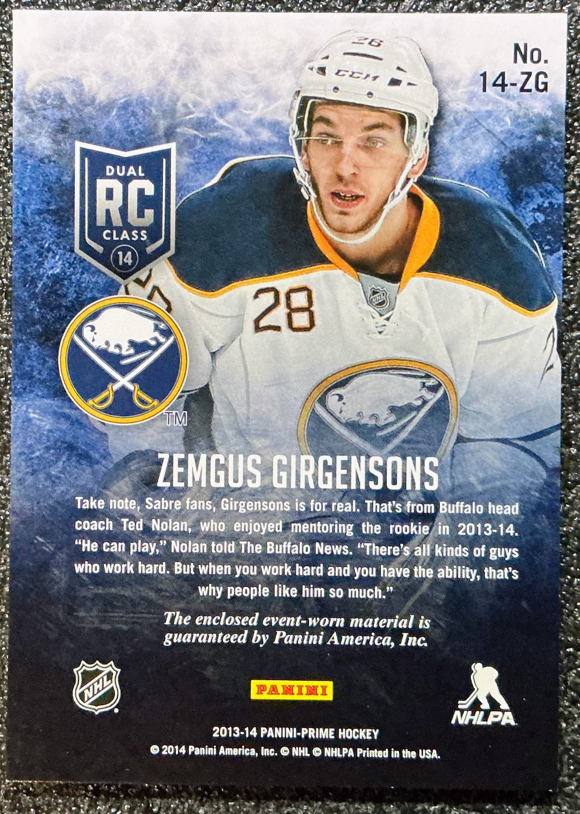 Zemgus Girgensons 2013-14 Panini Prime #14-ZG Dual Rookie Class /100 (RC, MEM)