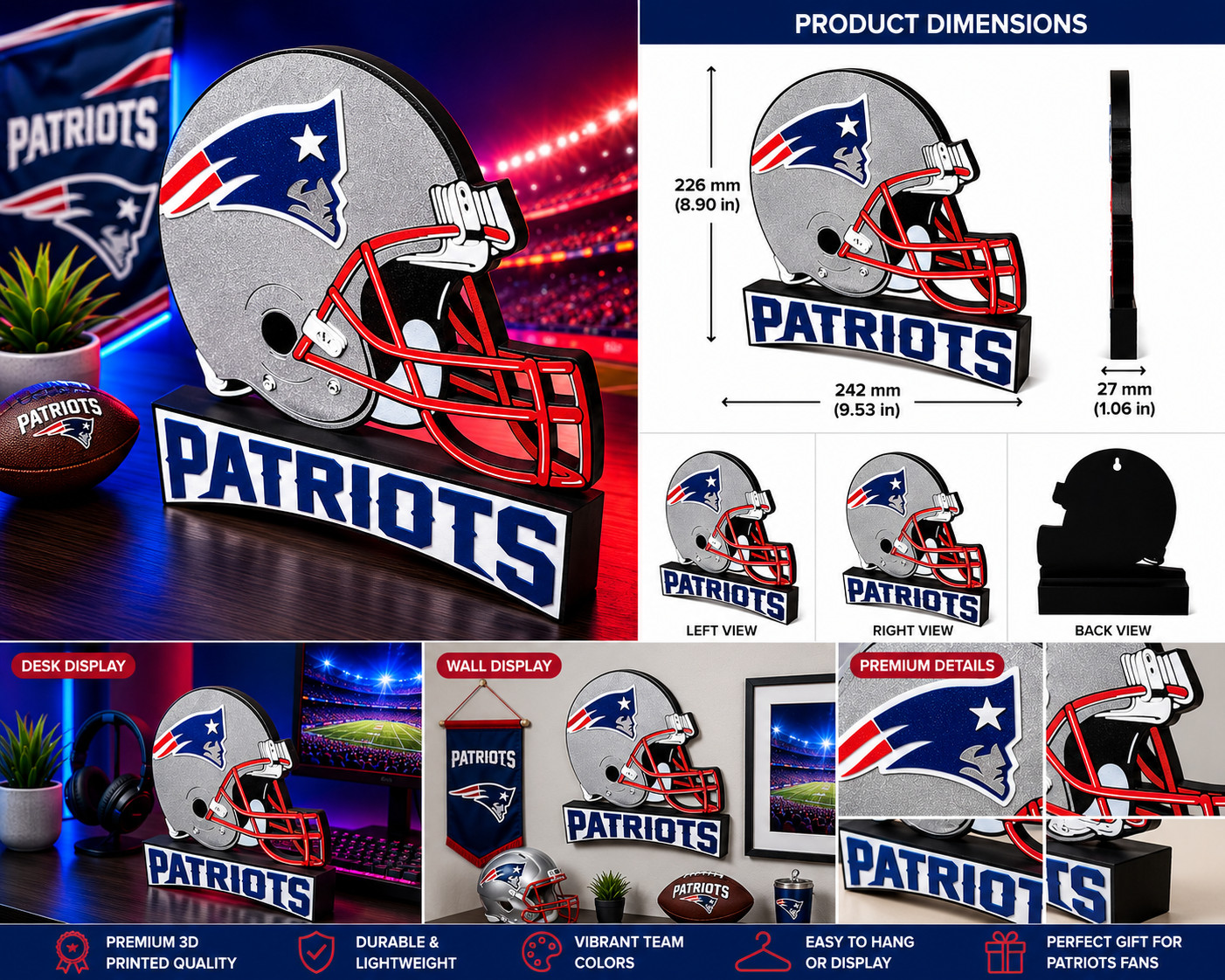 New England Patriots 3D Printed Helmet Sign Desk Display Football Decor