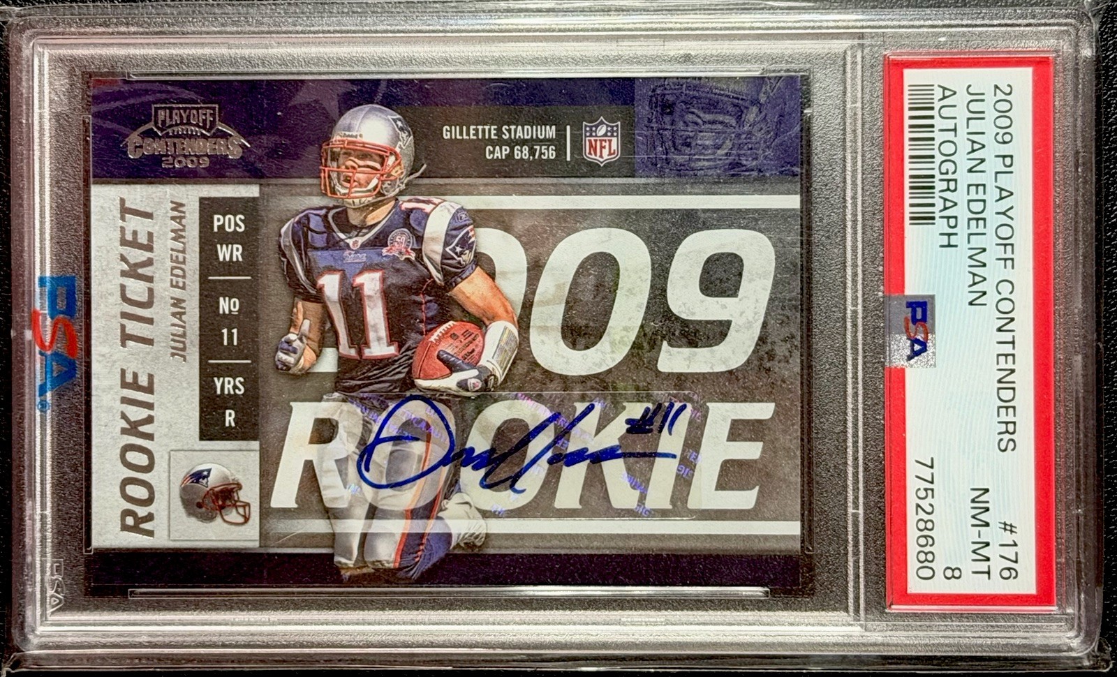 2009 Panini Playoff Contenders Rookie Ticket Julian Edelman RC Auto PSA 8