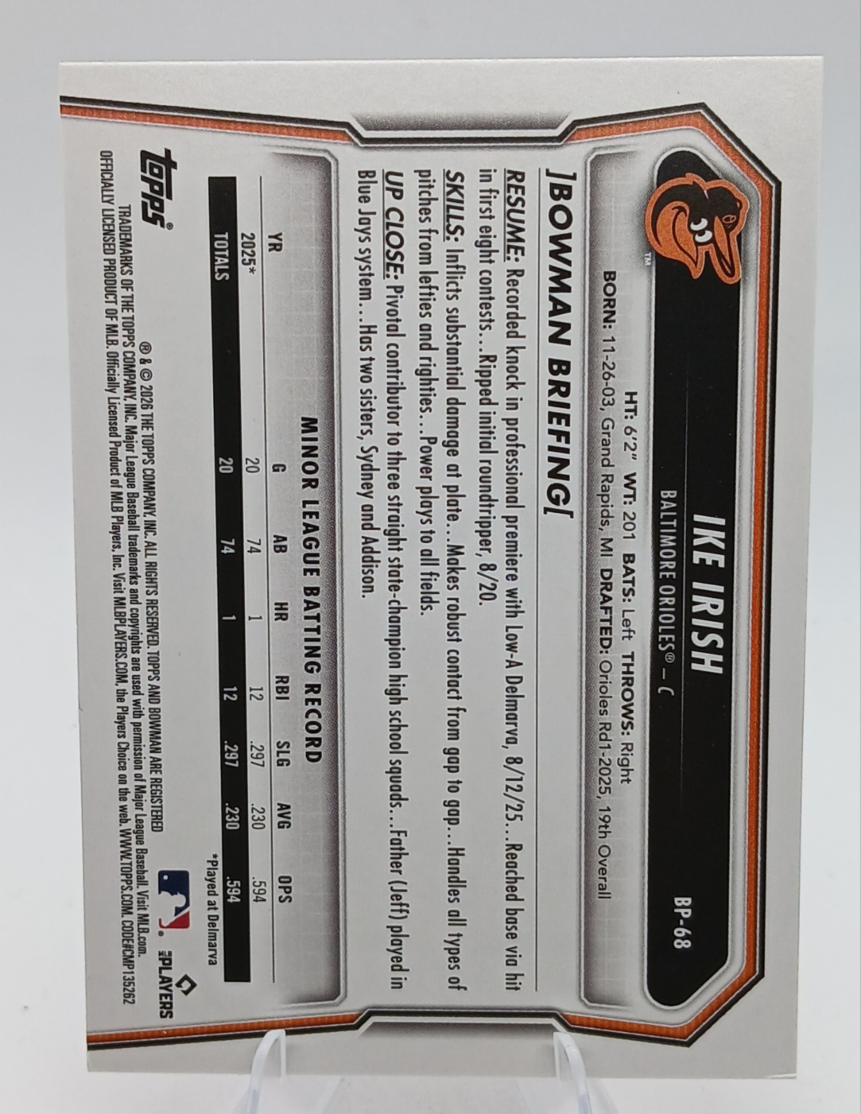 2026 Bowman Ike Irish Pink Parallel /175 Baltimore Orioles BP-68
