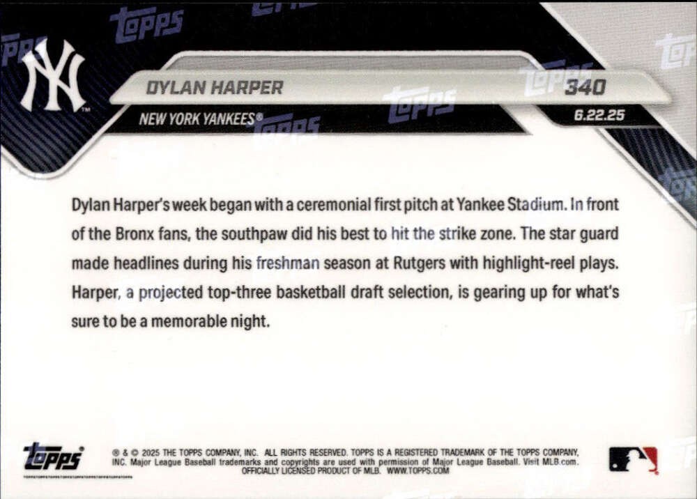DYLAN HARPER RC SP 2025 Topps NOW PR:1552 ROOKIE #340 Yankees/Spurs NM ID:142068
