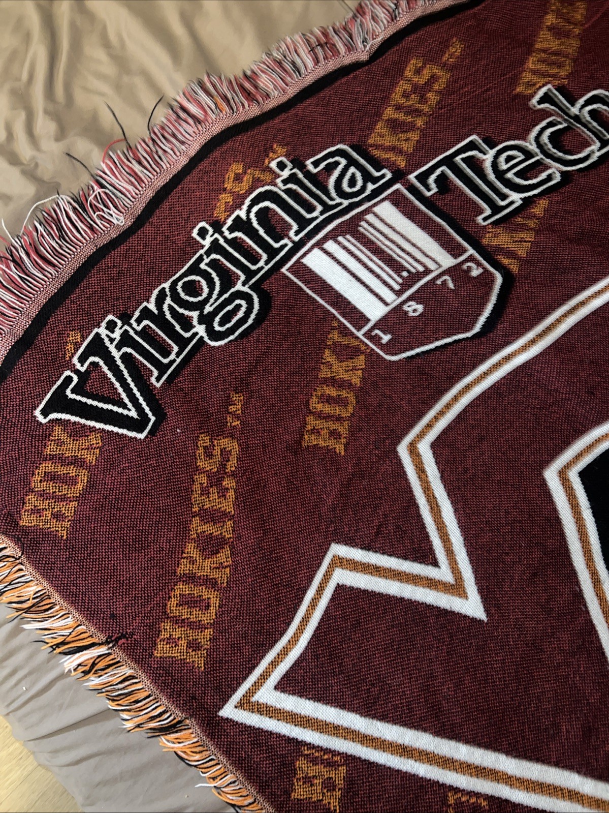 Vintage Virginia Tech Hokies Throw Blanket Knit Tassels University 1990s USA