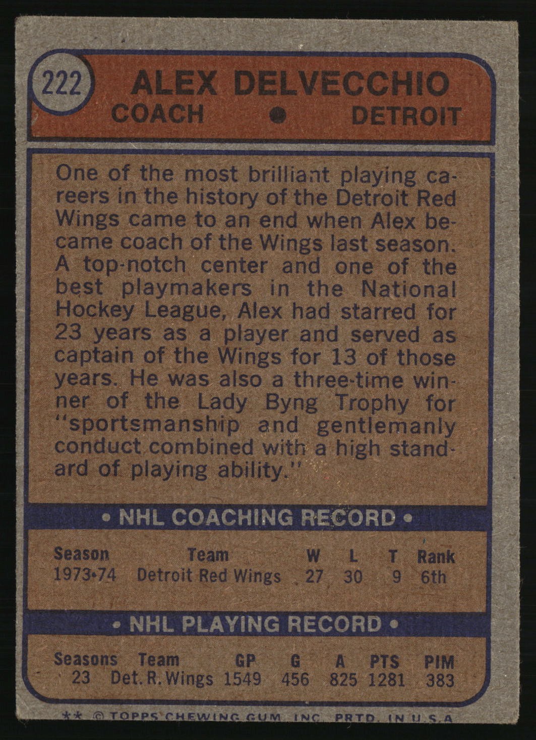 1974-75 Topps #222 Alex Delvecchio Free Shipping