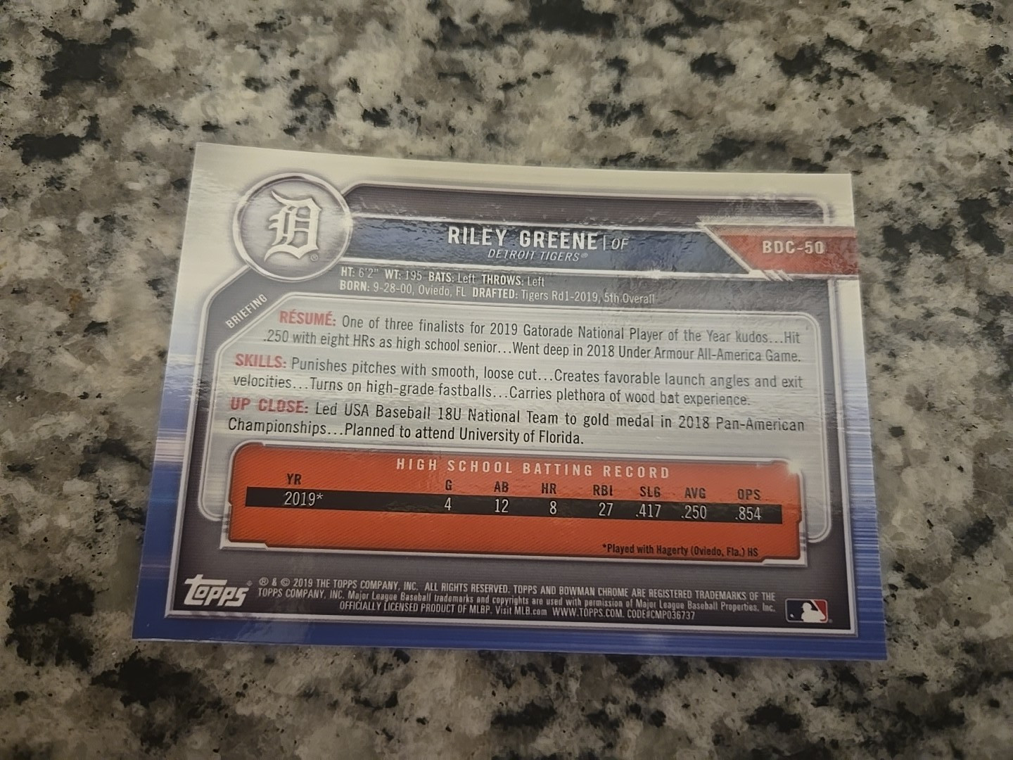 Riley Green 2019 Bowman Draft Chrome RC. #BDC-50 Detroit Tigers RC. HOT.