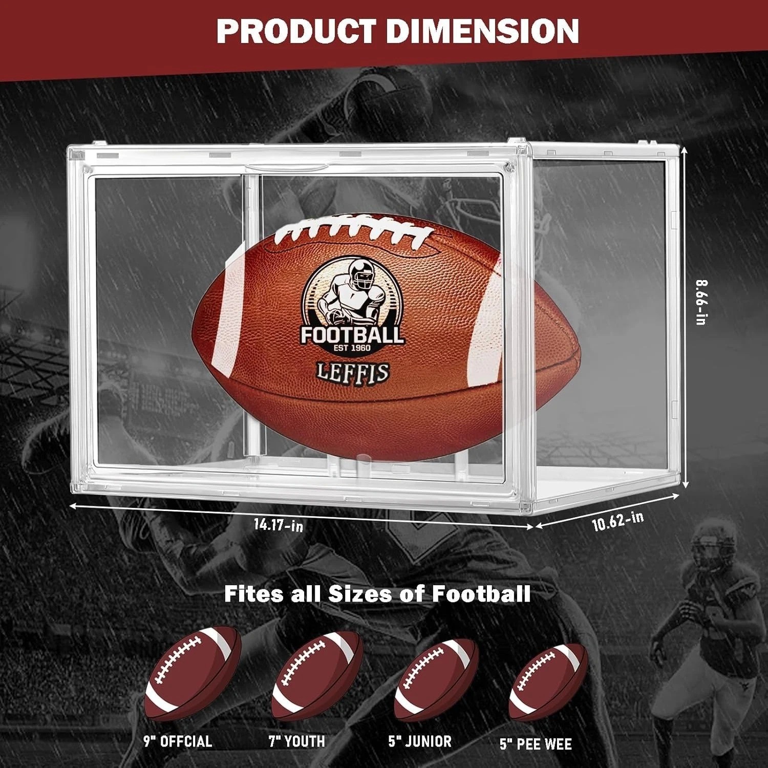 Football Display Case, Acrylic Clear Football Case Full Size with Magnetic Door