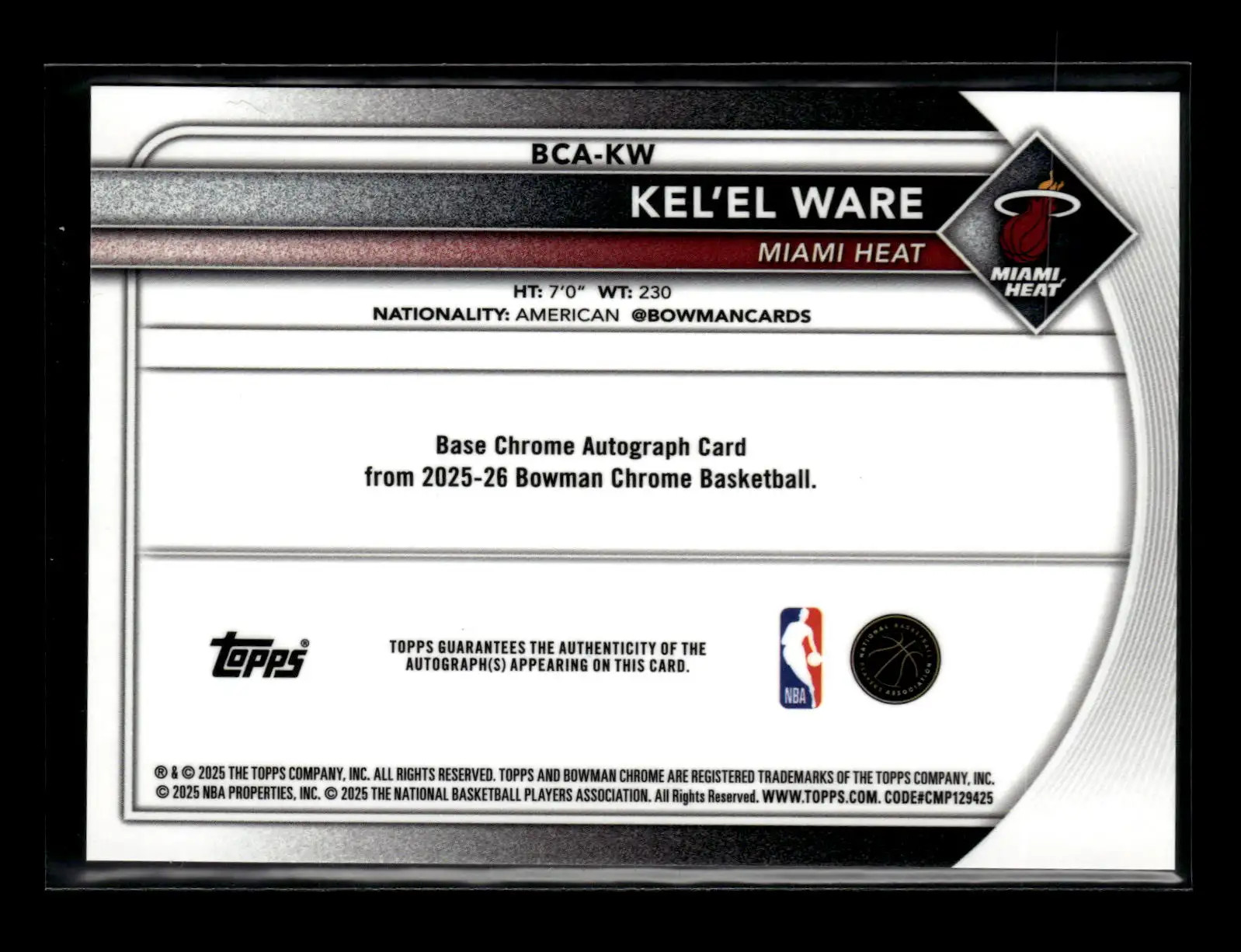 Kel’el Ware 2025-26 Bowman Chrome Autographs – Mojo Refractor #KW Auto