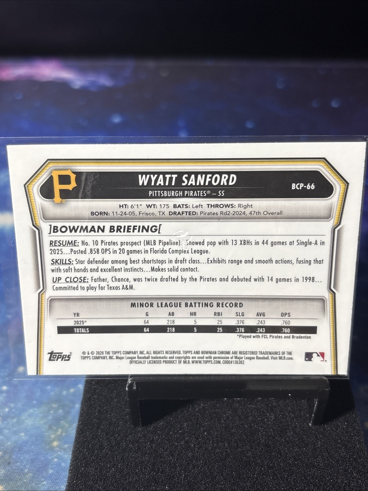 2026 Bowman #BCP-66 Wyatt Sanford 1st Bowman Blue Shimmer /150 Pirates🔥🔥