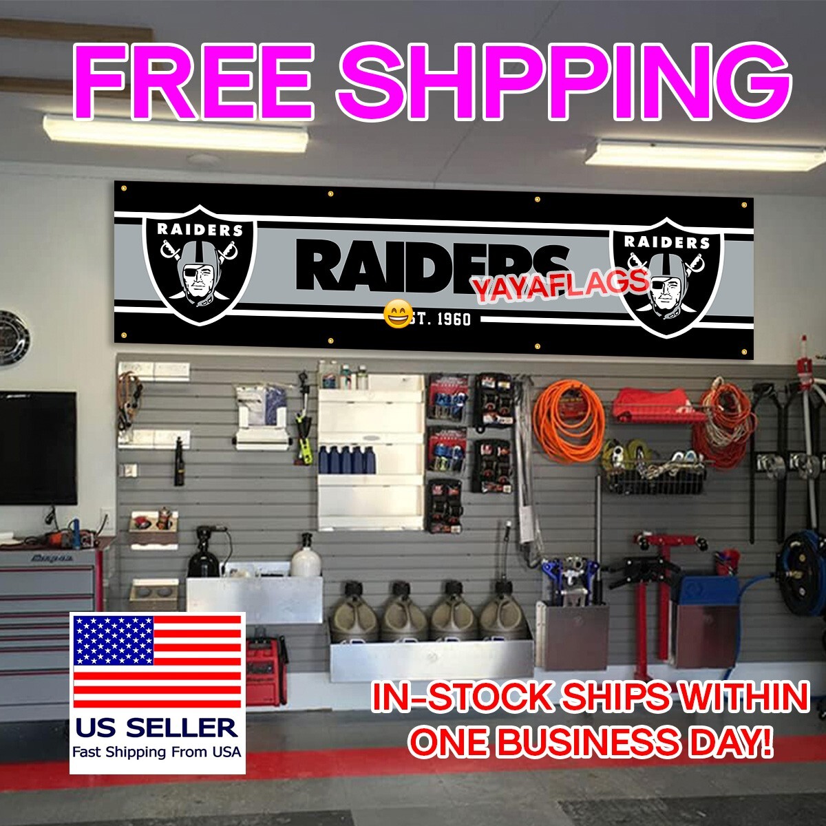 Oakland Raiders 2×8 Foot American Flag Banner New Las Vegas FREE Shipping