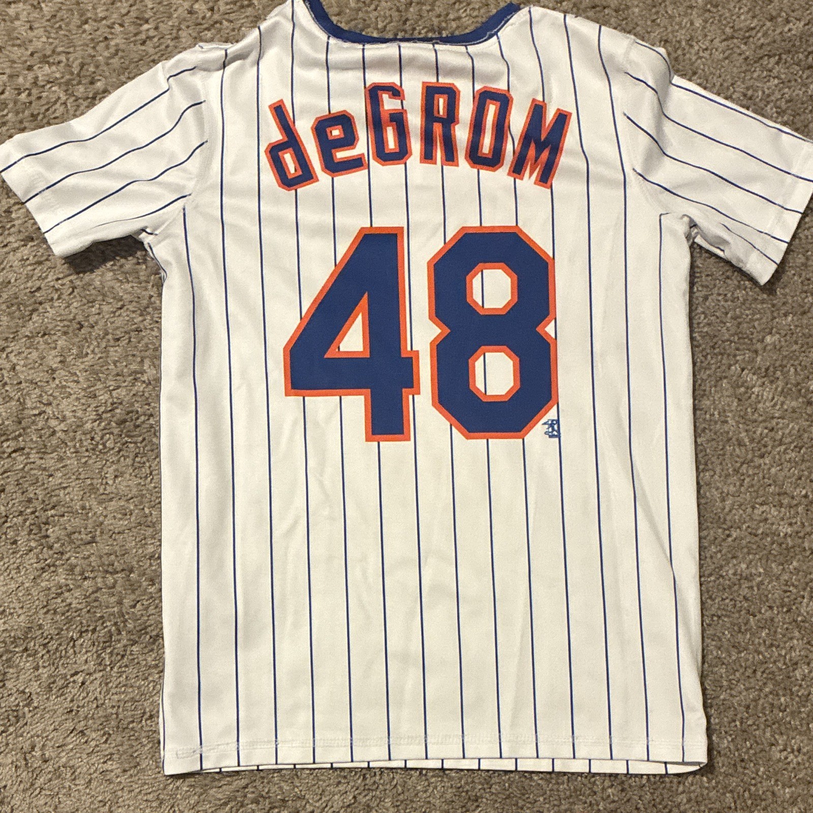 New York Mets Jacob deGrom #48 Pinstripe Jersey Style Shirt White Blue Orange