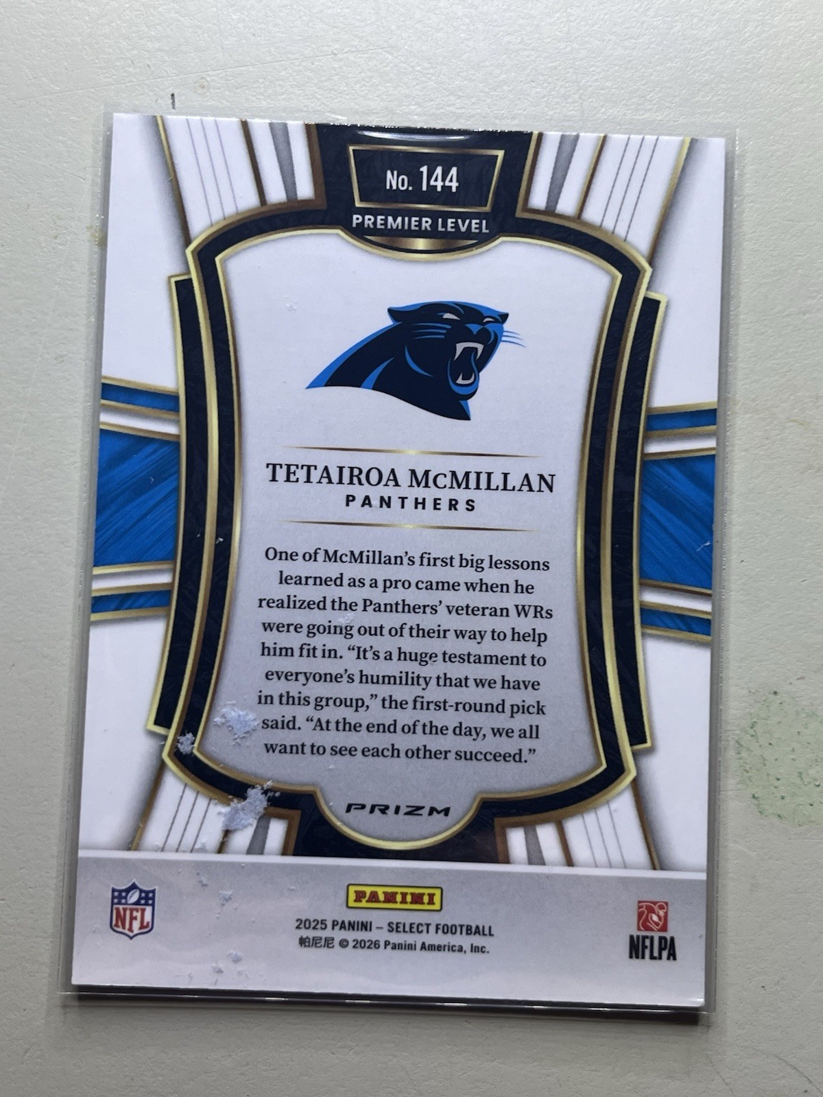 2025 Panini Select – Premier Level Tetairoa McMillan #144 Red & Blue Shock (RC)