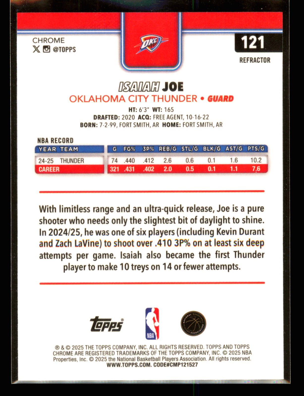 2025-26 Topps Chrome Isaiah Joe #121 Refractor – Oklahoma City Thunder