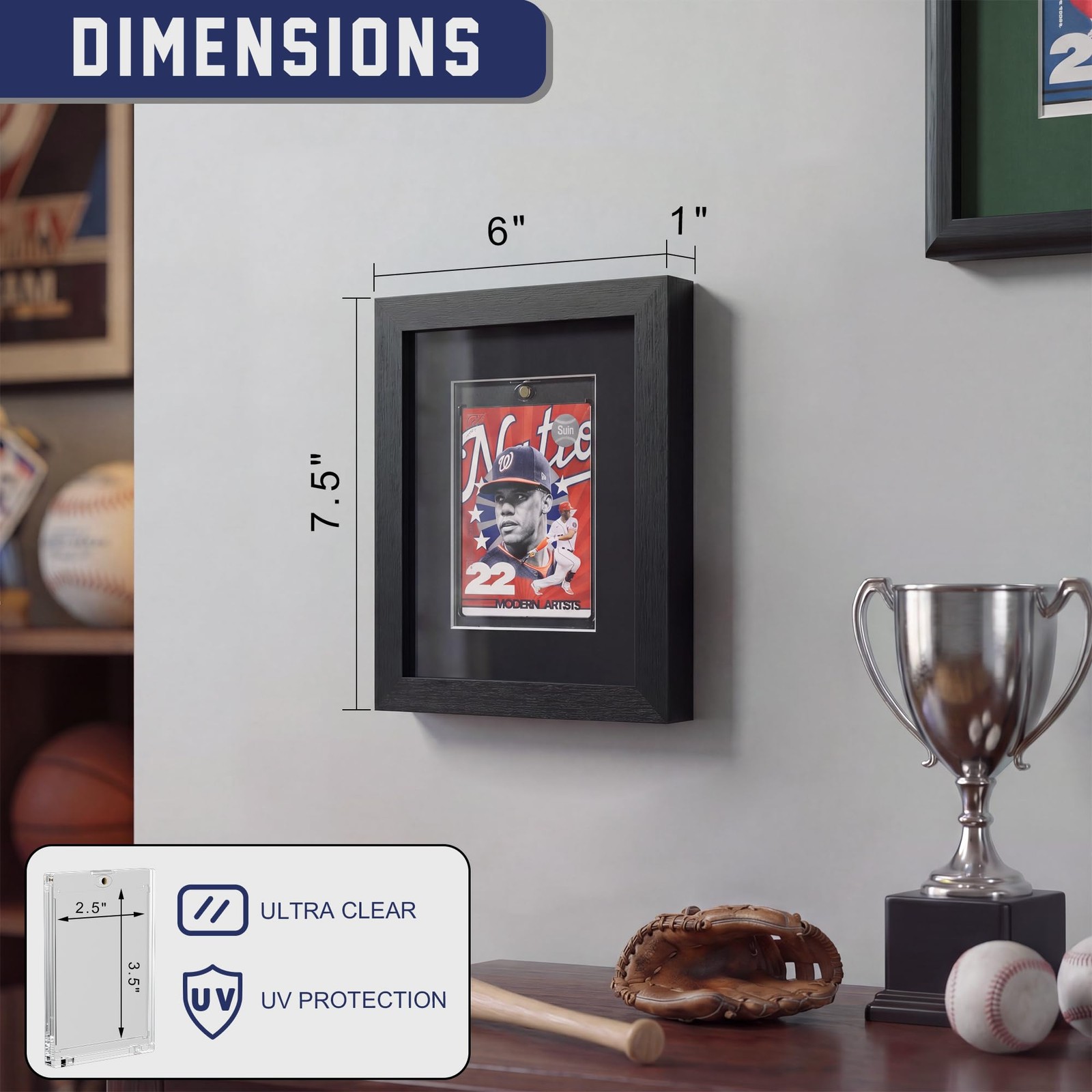 Trading Card Display Frame Wood Tempered Glass Wall Tabletop 6×8 Black 1 Card