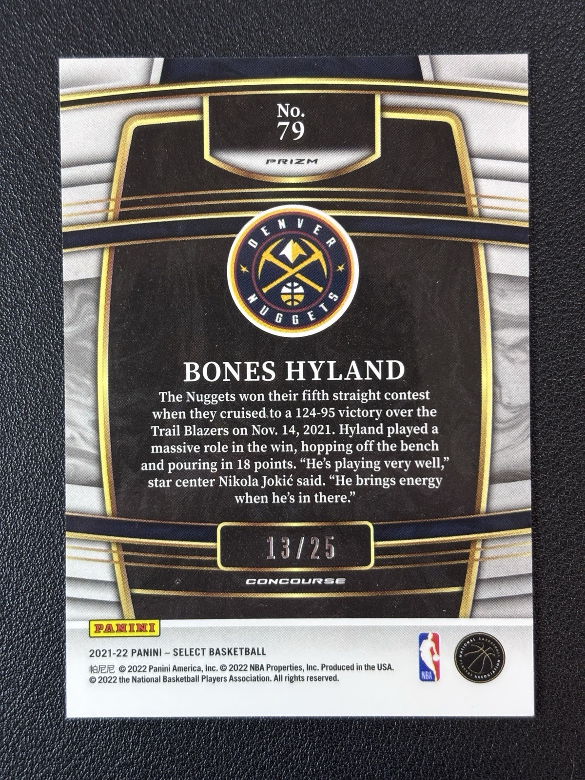 2021 Select Bones Hyland Blue Fast Break Concourse /25 Nuggets RC