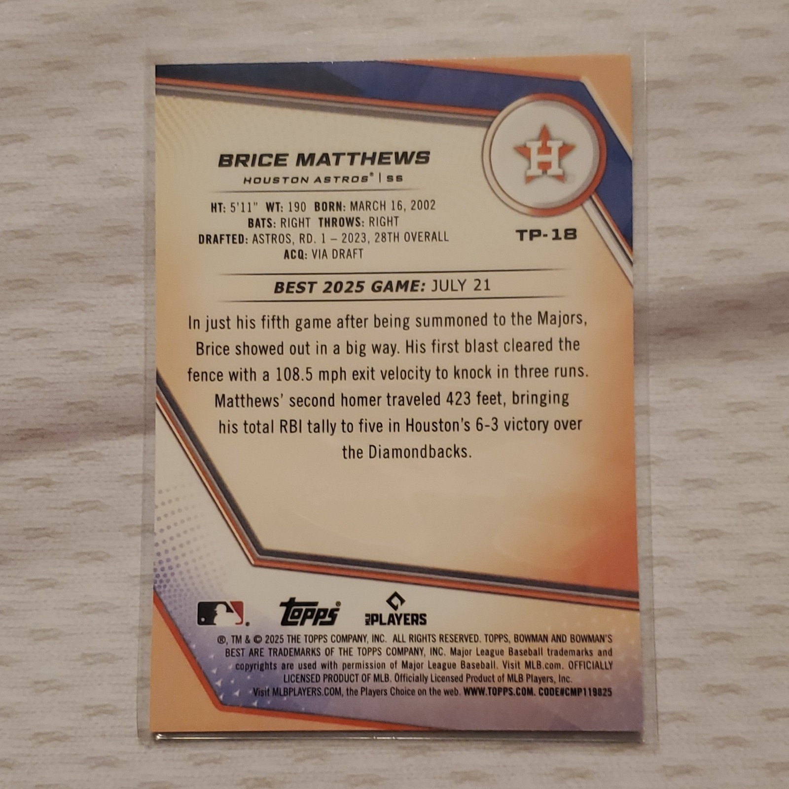 Topps 2025 Bowman’s Best Brice Matthews Houston Astros Top Prospects #TP-18 /150