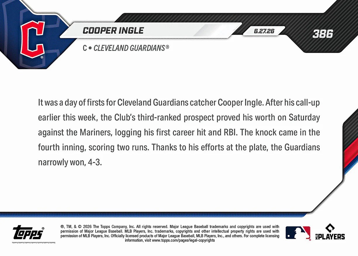Cooper Ingle Call Up Guardians Prospect 1st Hit 2026 MLB Topps NOW #386 PRESALE
