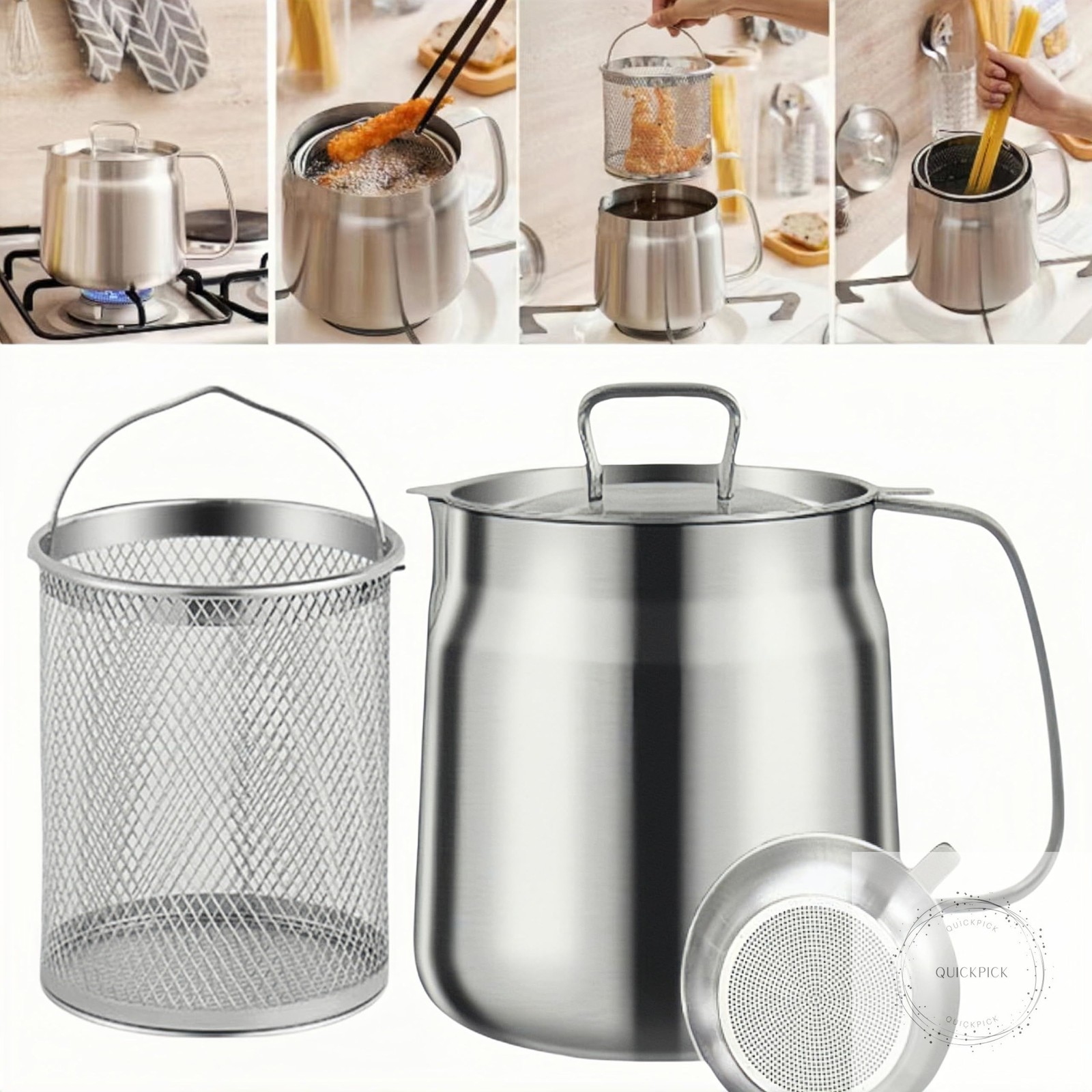 50oz 304 Stainless Steel Deep Fryer Pot with Basket & Strainer, Large Capacity