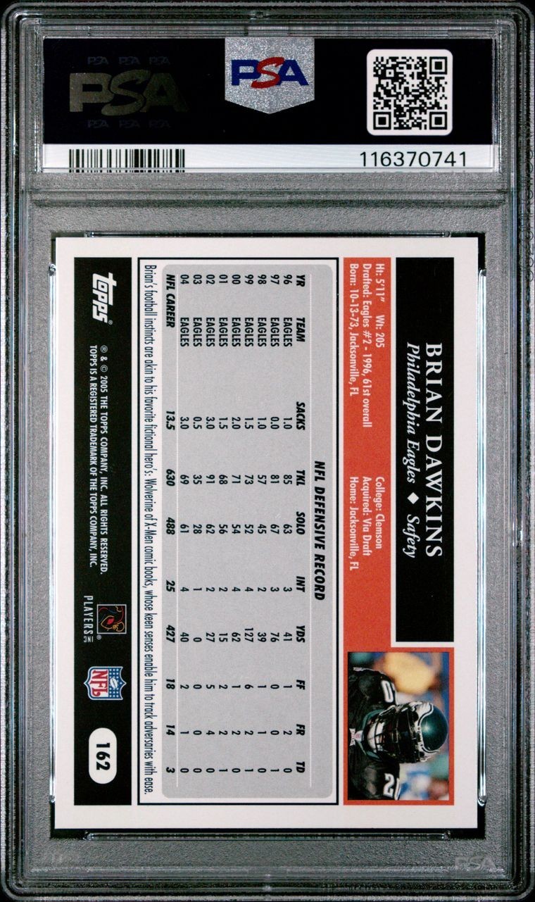 2005 Topps, PSA 10, BRIAN DAWKINS, #162, Philadelphia Eagles, GEM MINT, HOF