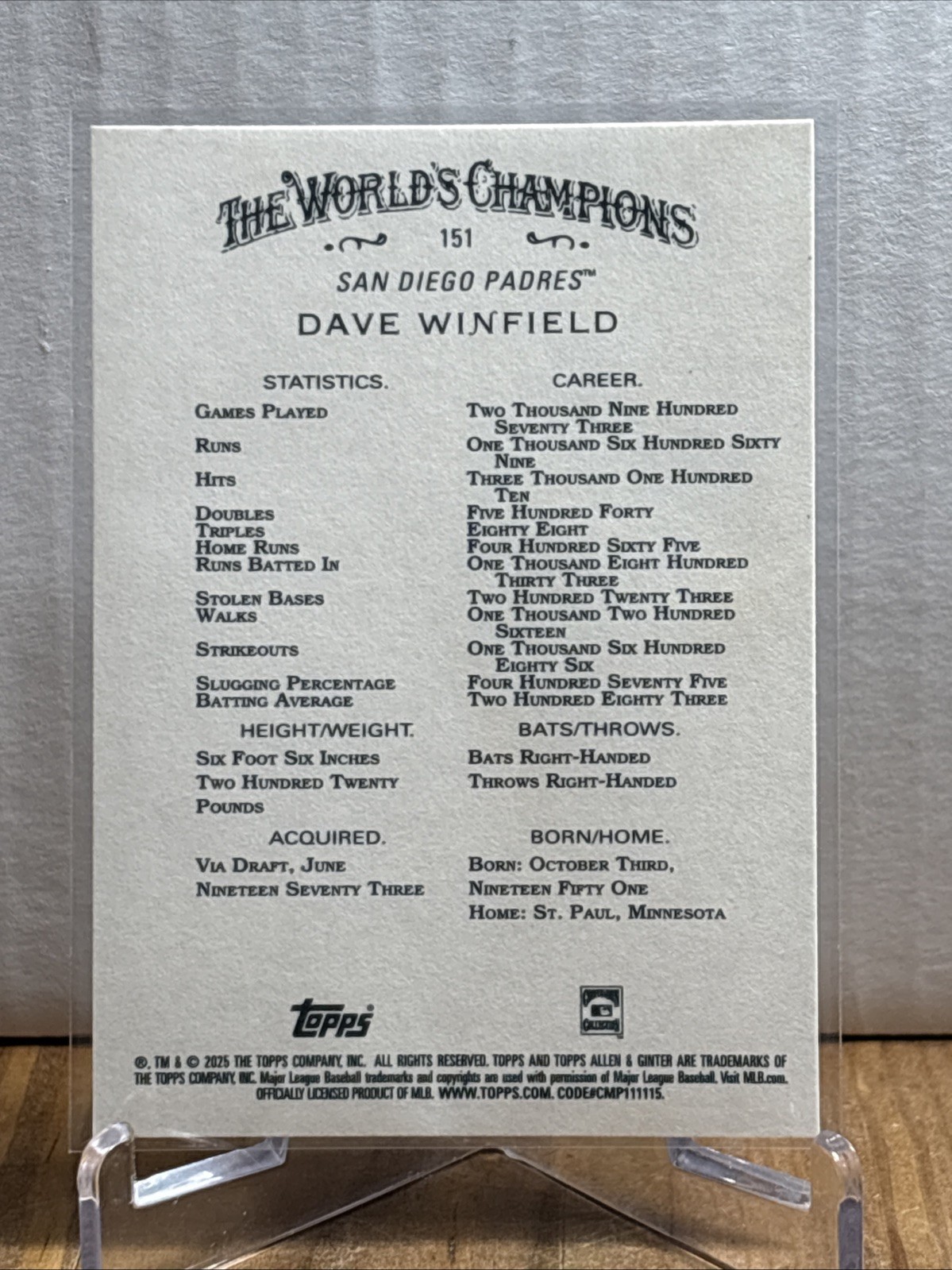 2025 Topps Allen & Ginter – Dave Winfield #151 Silver Foil Filagree Padres