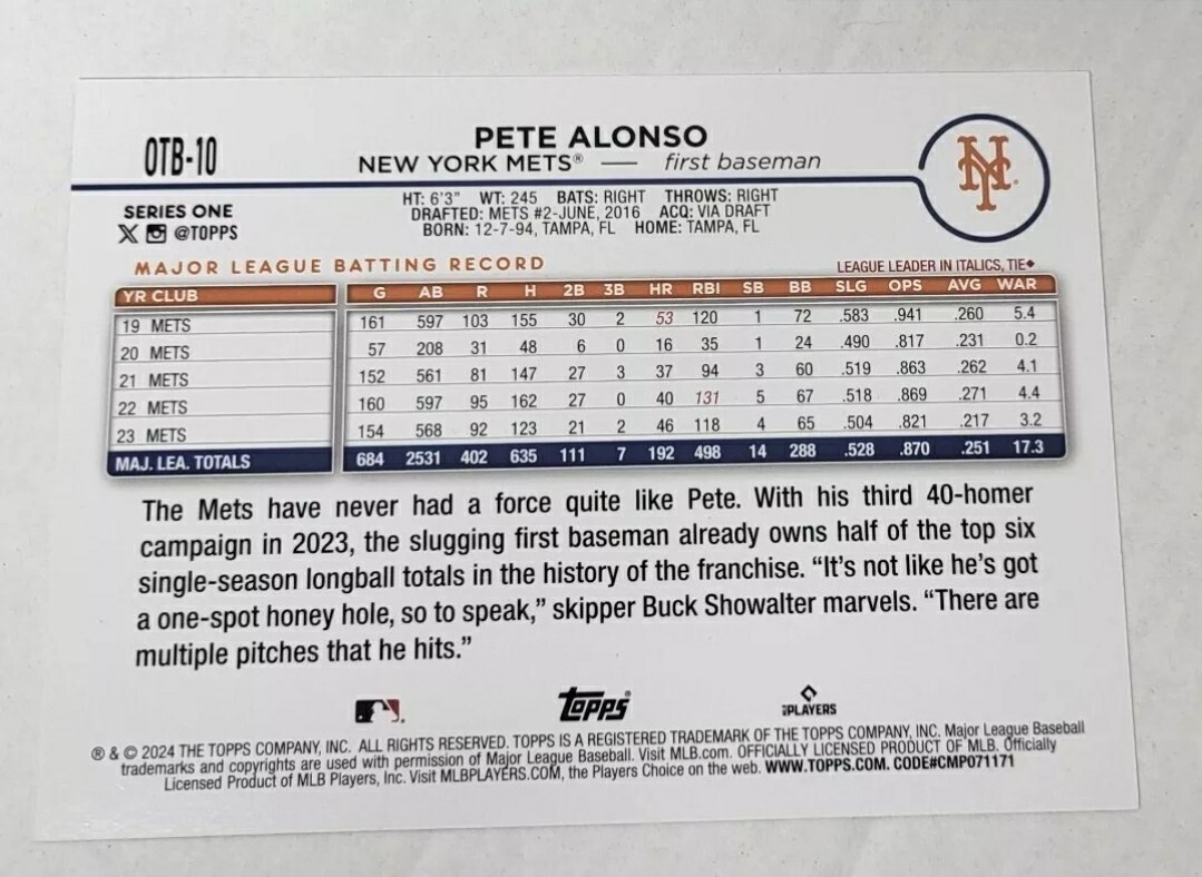 2024 Topps #OTB-10 PETE ALONSO Oversized Super Monster Box Topper
