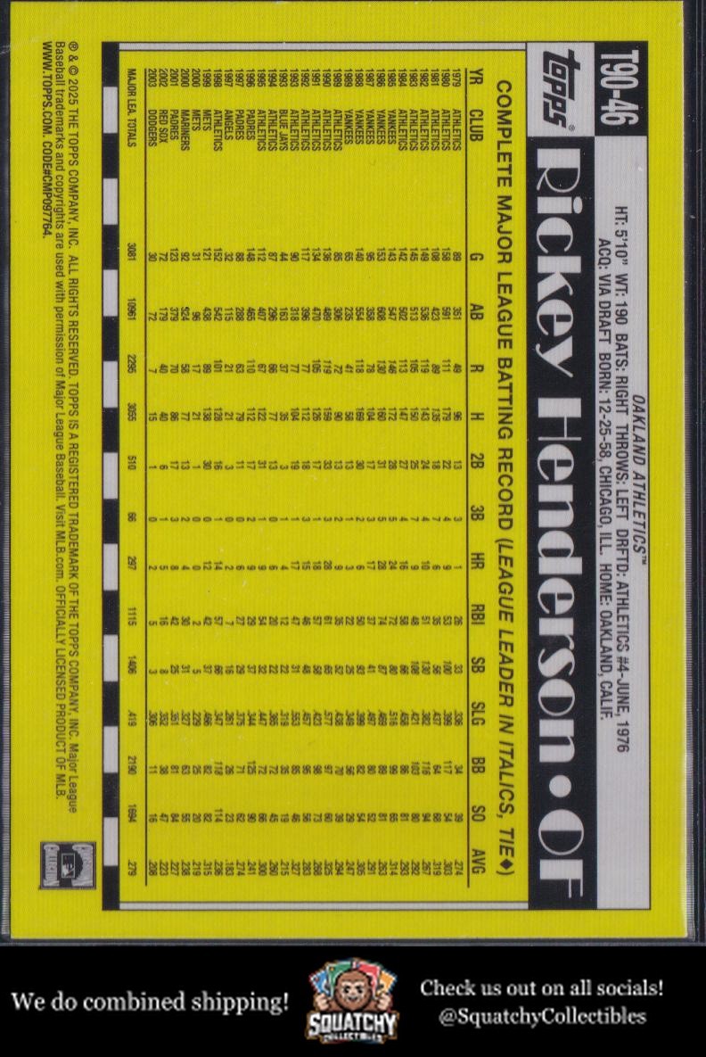 2025 Topps #T90-46 Rickey Henderson 1990 Topps Baseball 35th Anniversary