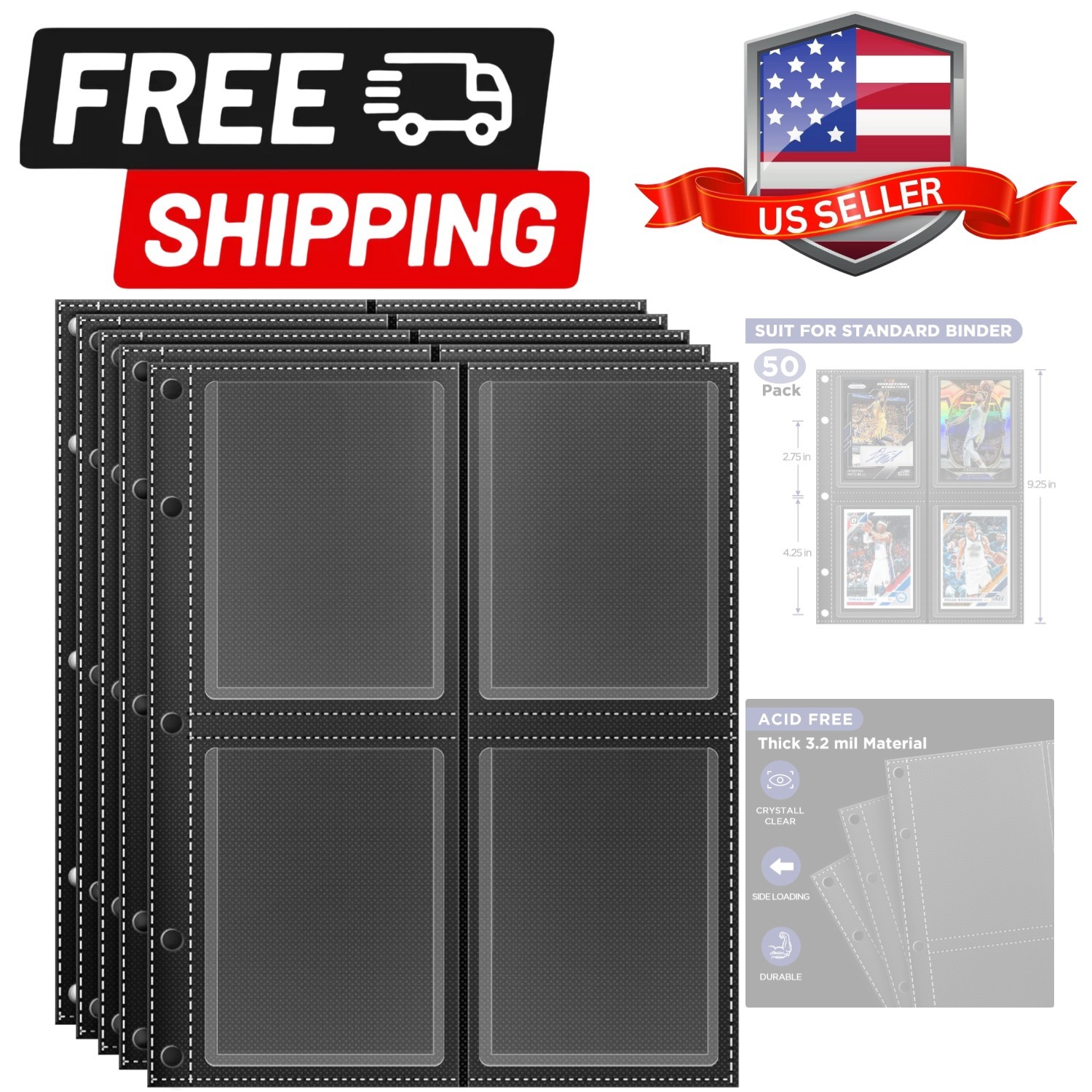 Top Loader Sleeves 4-Pocket Trading Card Storage Refill Binder Pages – 50 Pack