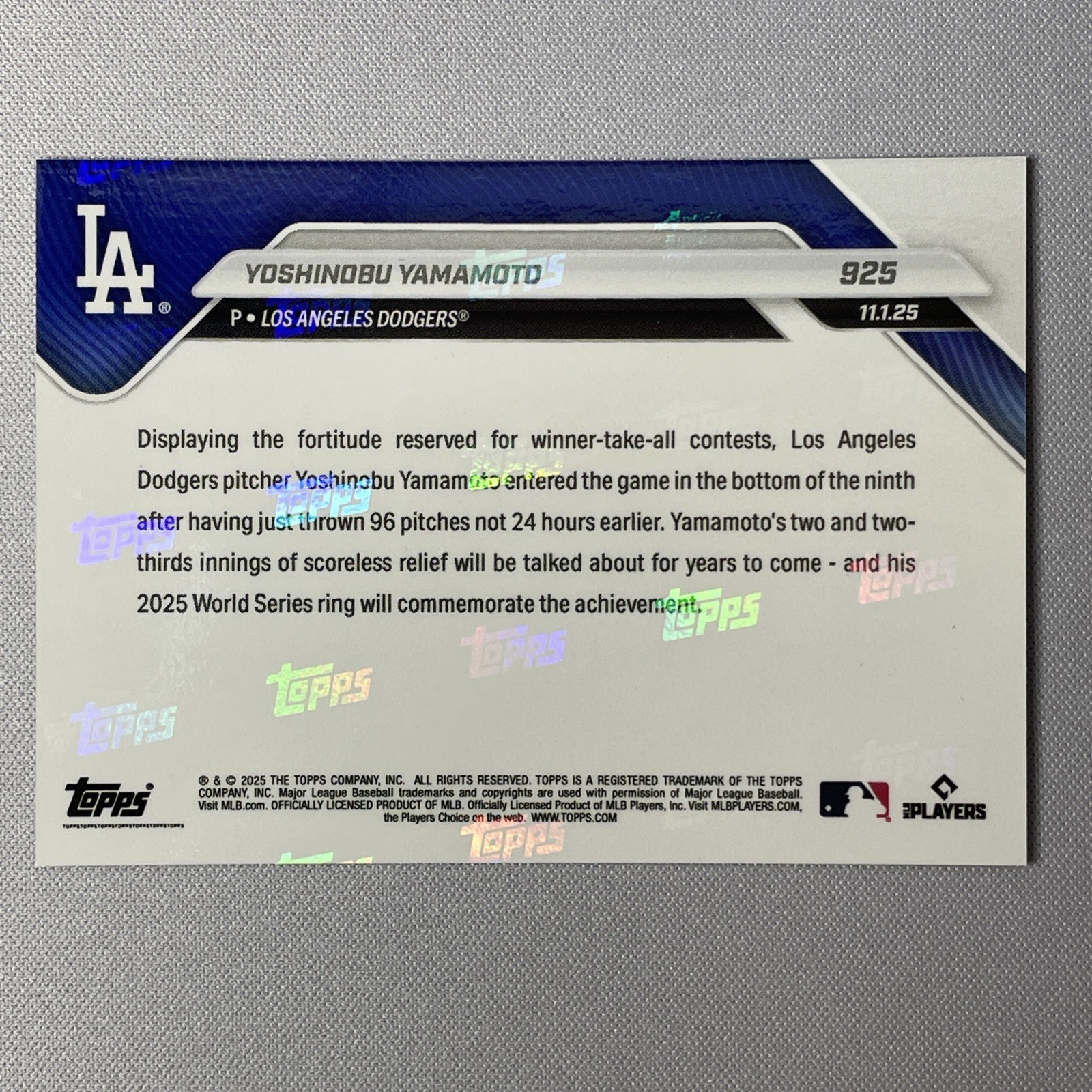 Yoshinobu Yamamoto 2025 MLB Topps NOW® Card 925 World Series Champions