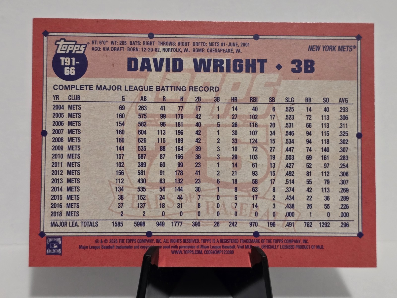 2026 Topps David Wright 1991 Throwback #T91-66 New York Mets