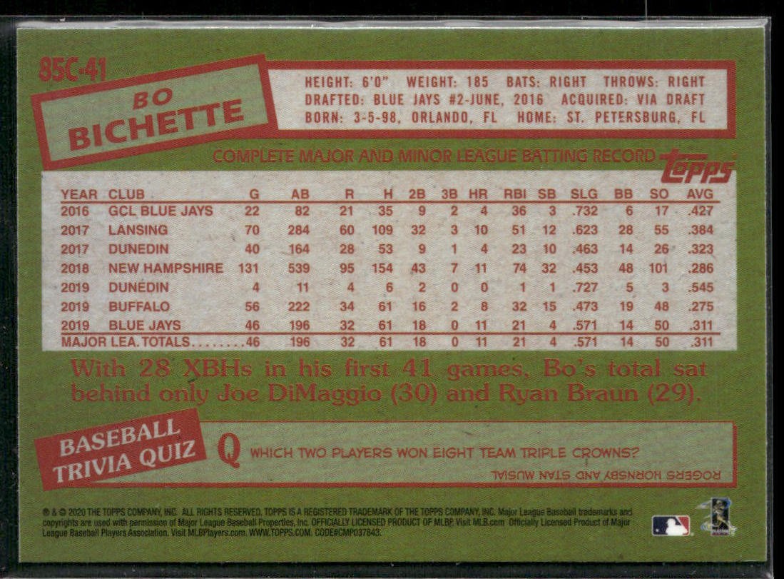 2020 Topps #85C-41 Bo Bichette 1985 Topps Chrome Silver Pack Mojo Refractor
