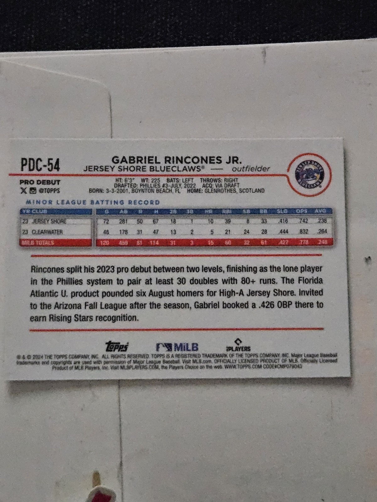 2024 Topps Rincones Pro Debut Gold 37/50 (RC)