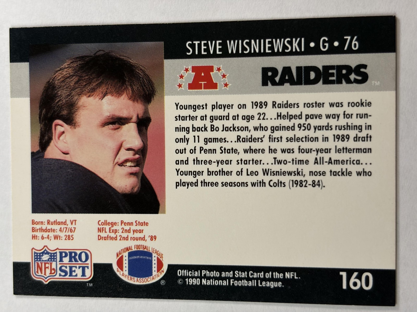Vintage Steve Wisniewski 1990 Pro Set #160 Raiders Guard Football Card EX NFL
