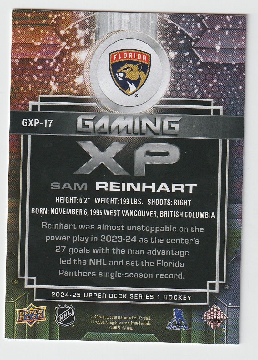 2024-25 Upper Deck #GXP17 Sam Reinhart Gaming XP Speckle