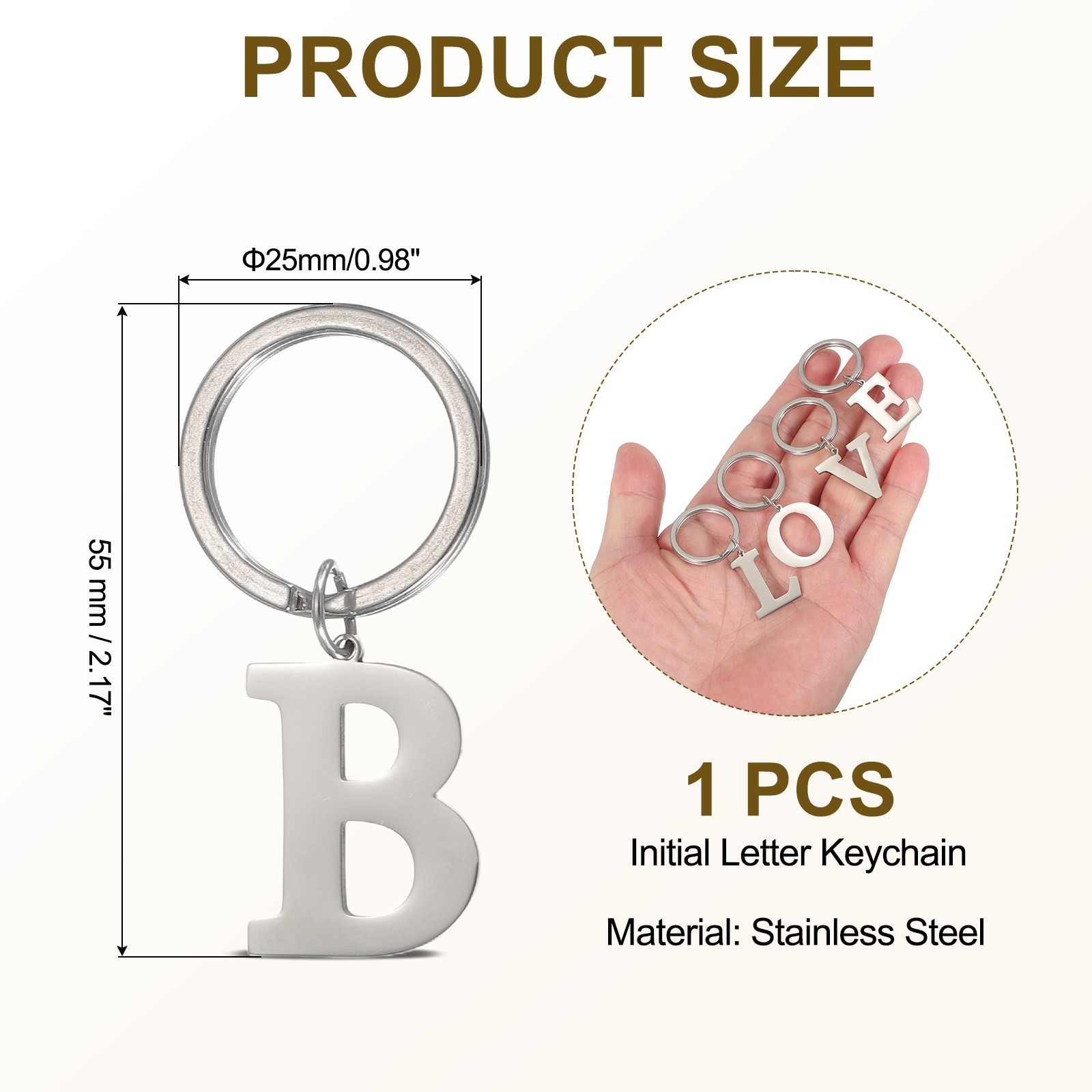 Initial Letter Keychain, Men Women A-Z Key Ring, Silver (Letter B)