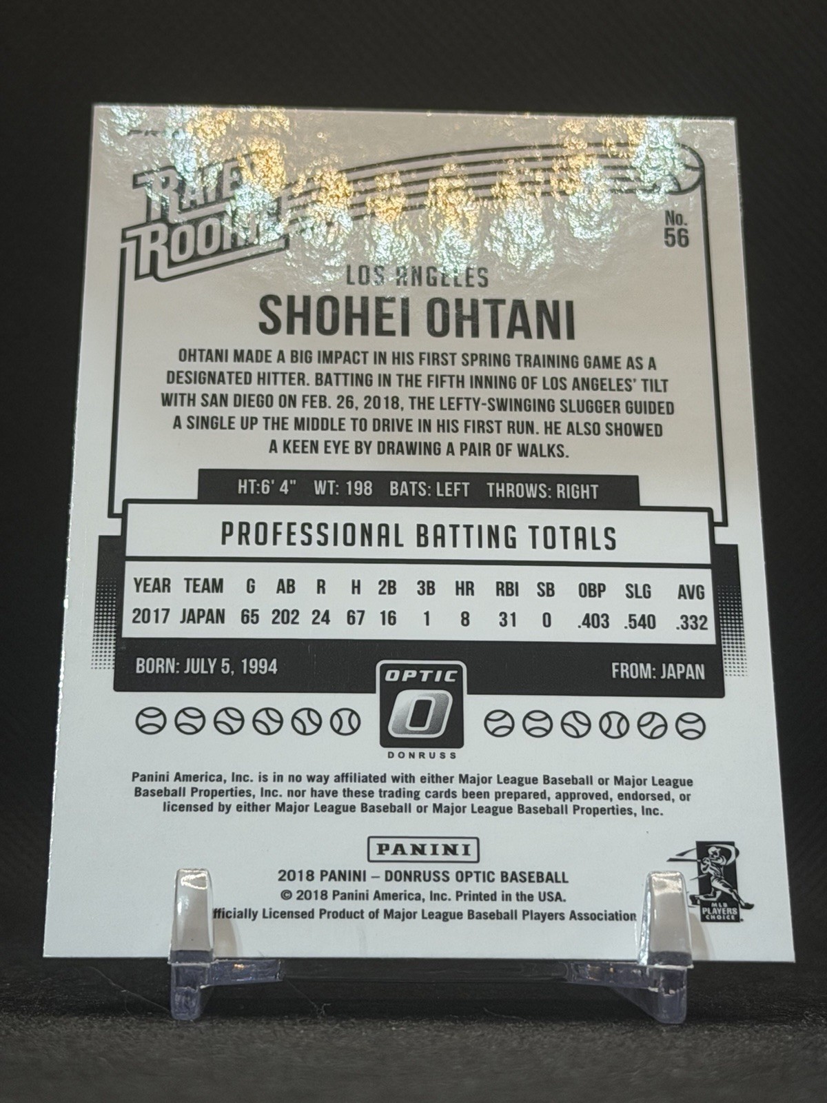 2018 Panini Donruss Optic #56 Shohei Ohtani RC Bronze Prizm Rated Rookie Batting