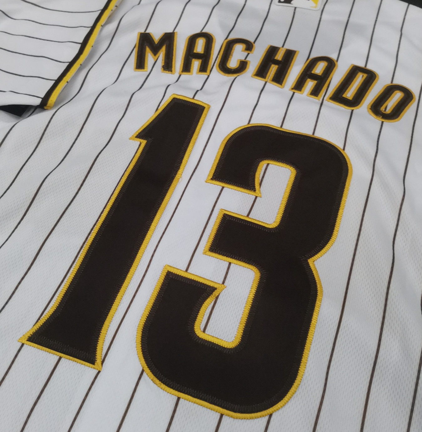 Manny Machado #13 Padres White Stripe Flex Base Sewn Stitched Jersey.
