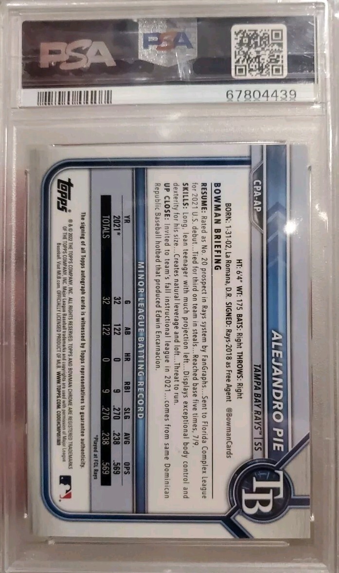 2022 Bowman Chrome Alejandro Pie Sparkle Refractor Prospect Auto #252/299 PSA 10