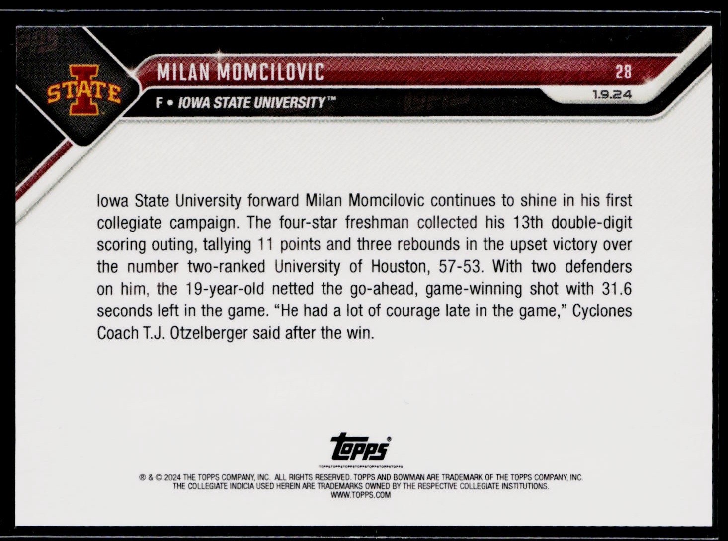 Milan Momcilovic 2023-24 Bowman U Now #28 Iowa State Cyclones