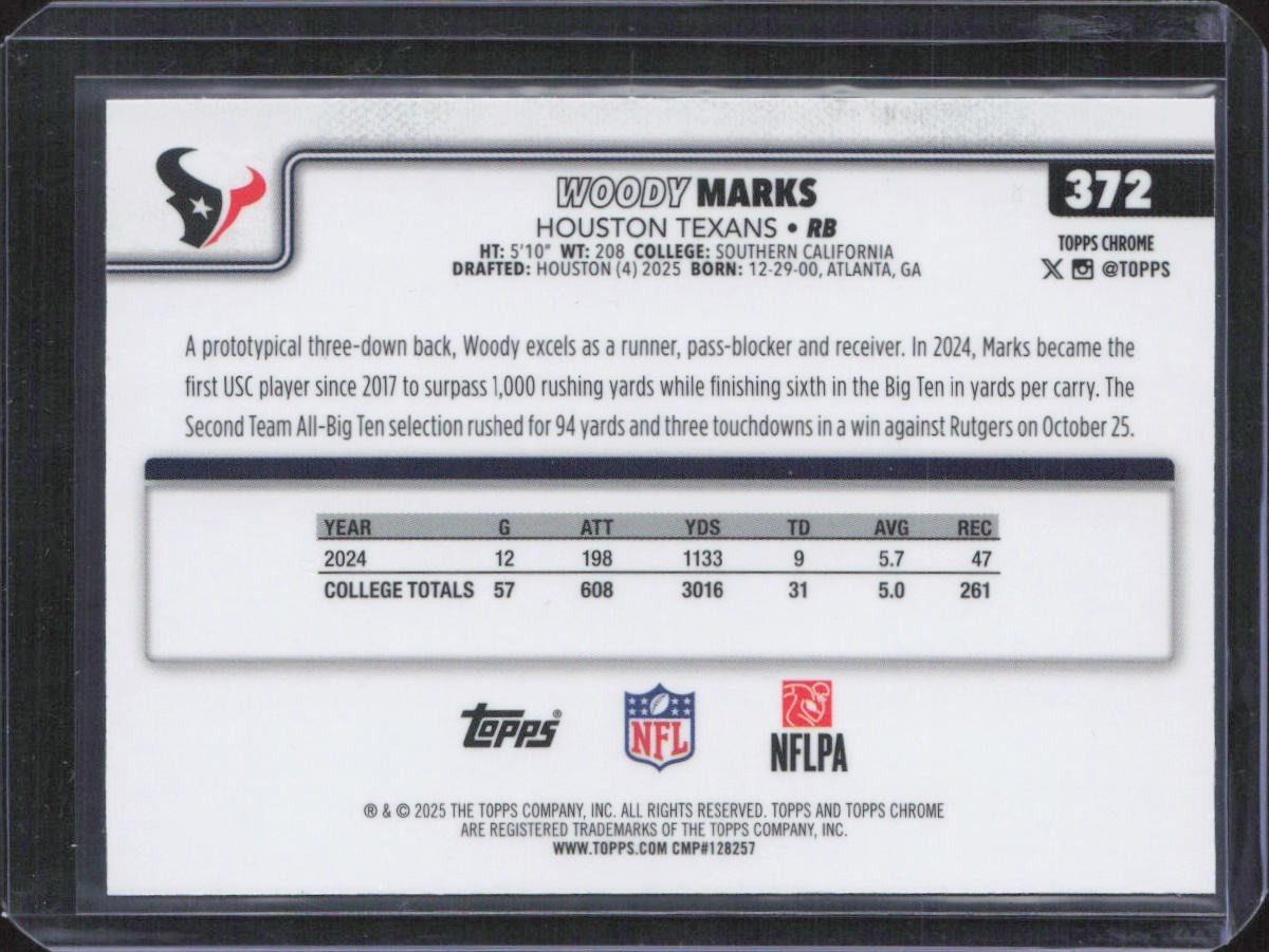 2025 Topps Chrome – Rookies Woody Marks #372 Blue Wave Refractor /150 (RC)