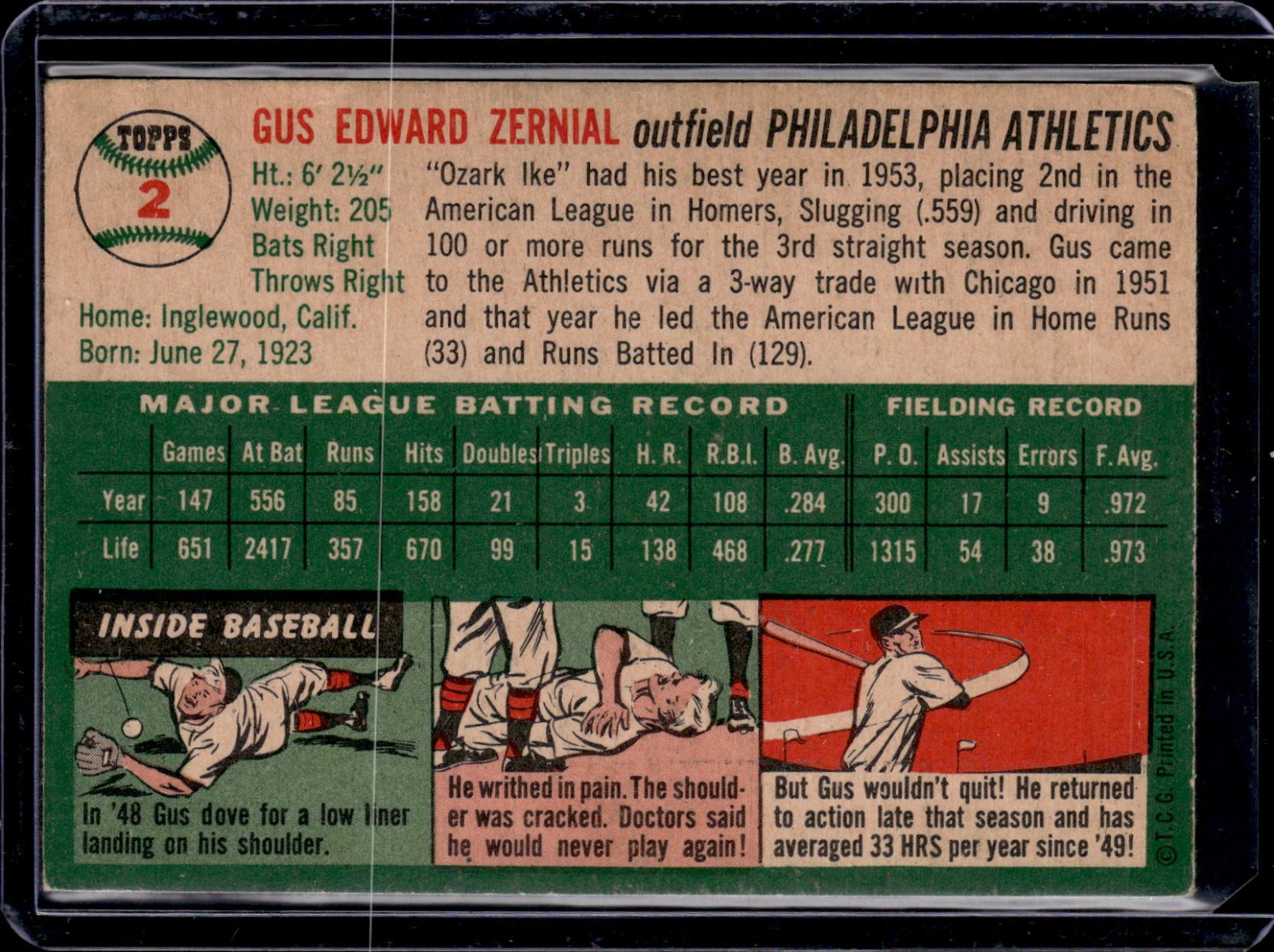 1954 Topps #2 Gus Zernial Philadelphia Athletics VG (surface issues)